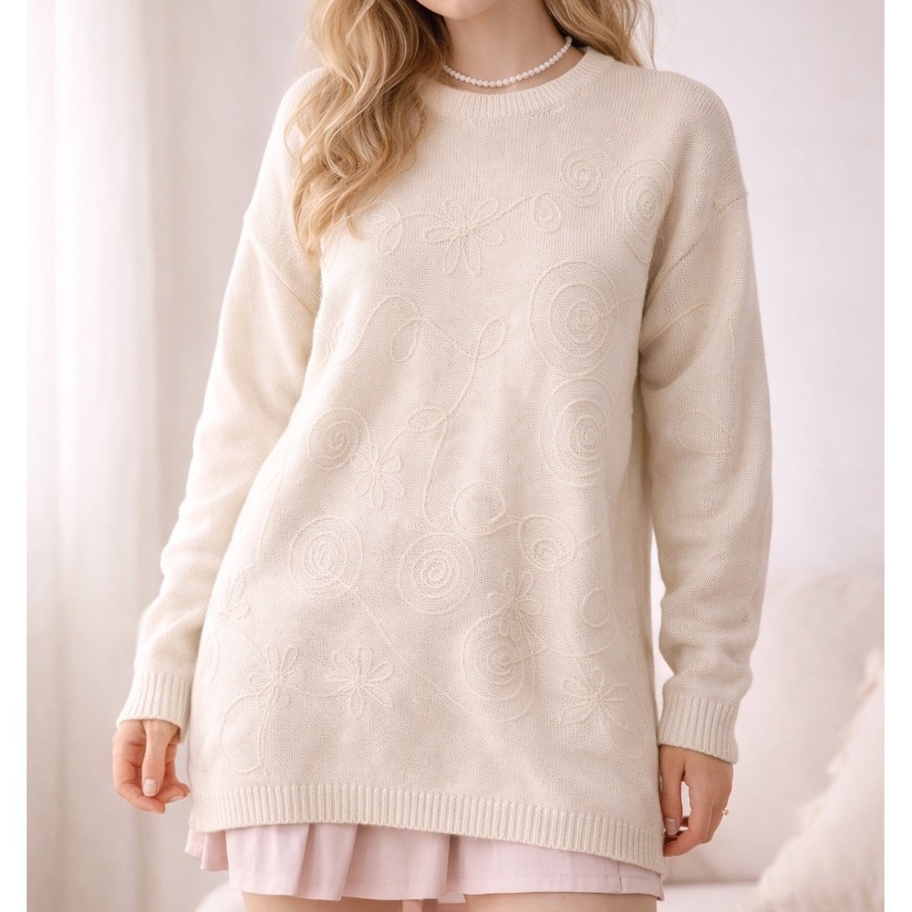 VINTAGE women’s Cotton Tunic‎ Sweater Sz Medium Cream Modest Minimalist